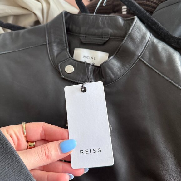 NWT Reiss Keith Cafe Racer Jacket Black Calf Leather Slim Fit Full Zip Sz Small - Picture 3 of 10